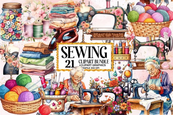 Download Watercolor Vintage Sewing Clipart Bundle - Vintage Collection