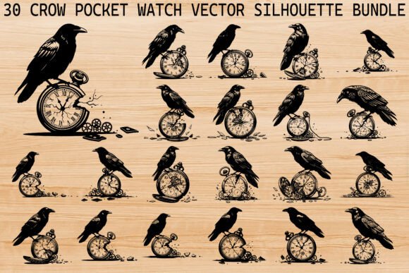 Download Crow Pocket Watch Silhouette Bundle - Pocket Collection