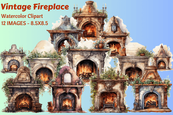 Download Vintage Fireplace Watercolor Clipart - Vintage Collection