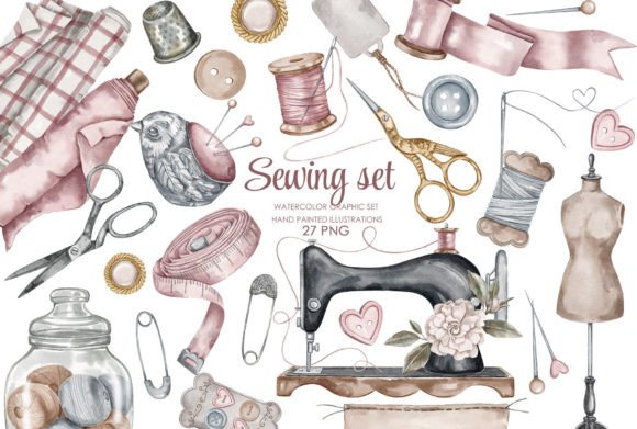 Download Watercolor Vintage Sewing Clipart - Vintage Collection