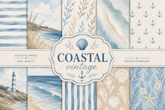 Download Coastal Vintage Digital Papers Bundle - Vintage Collection