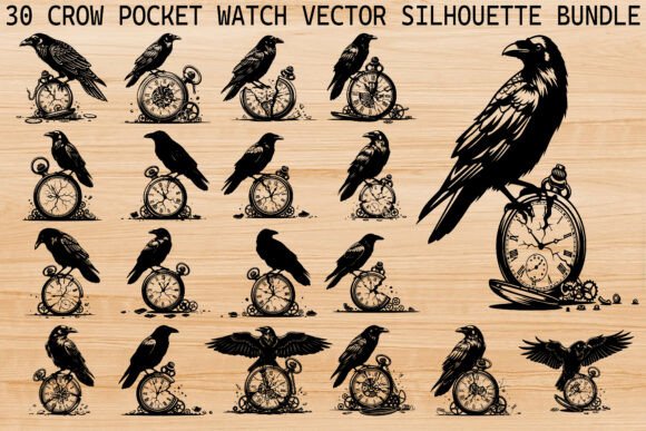 Download Crow Pocket Watch Silhouette Bundle - Pocket Collection
