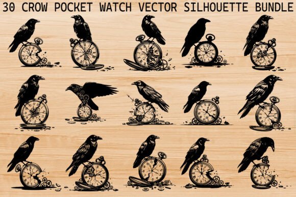 Download Crow Pocket Watch Silhouette Bundle - Pocket Collection